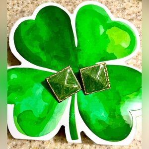 Green Square Earrings with Gold Trim